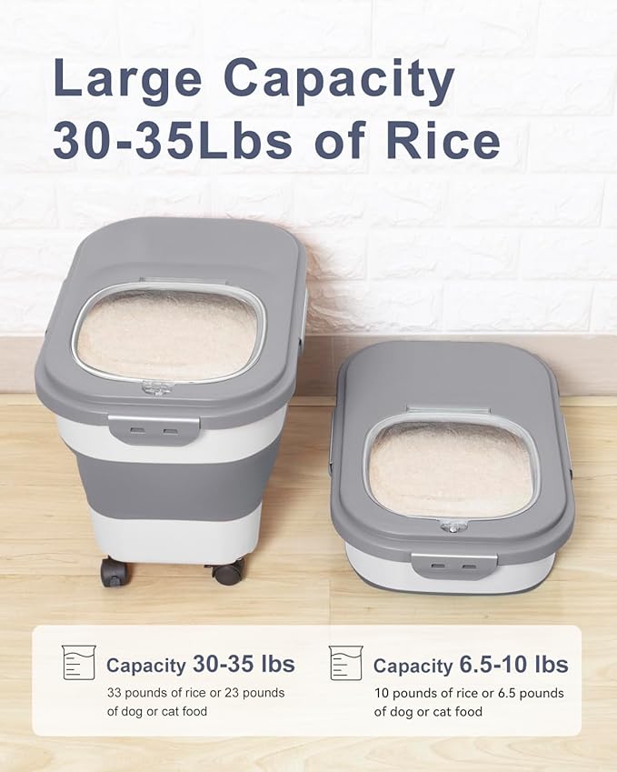 20-30 Lbs Rice Storage Container,Collapsible Food Storage Containers with Rolling Wheel Airtight Locking Lid,Flour Storage Container with Cup and Scoop,Suitable for Food,Rice,Pet Food,Flour - Image 2