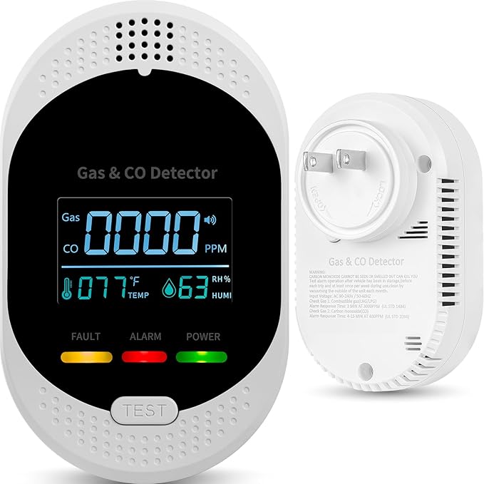 Plug in Carbon Monoxide Detector Combustible Gases Detectors,4-in-1 Co & Natural Gas Alarm Detectors with Temperature and Humidity Display,Clear LCD Screen Sound Light Dual Alarm for Home Travel RV by Securityelite