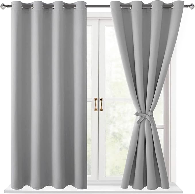 Hiasan Blackout Curtains for Bedroom - Thermal Insulated & Light Blocking Window Curtains for Living Room/Kids Room, 2 Drape Panels Sewn with Tiebacks, Silver Grey, 52 x 45 Inch by Hiasan