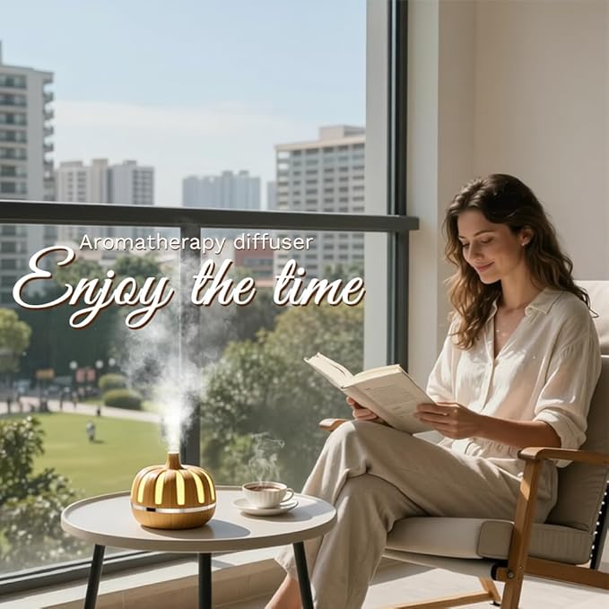 Essential Oil Diffuser 300ml for Home Bedroom, Aromatherapy Oil Diffuser with 3H 6H Timer, 7 Color Light, USB Type-C, Pumpkin Design, Auto Shut-Off(Light Woodgrain, Pumpkin) - Image 6