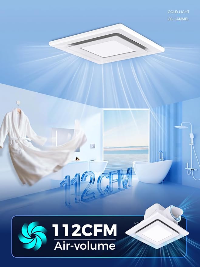 Bathroom Exhaust Fan with Light, 10" Panel Bathroom Ceiling Ventilation Fan (8x8 Mount), 112 CFM 1.0 Sones, Quiet Square Bath Fan Light Combo for Bathrooms, Shower, Office, Restroom Etc - Image 2