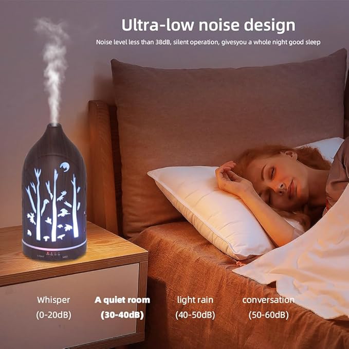 Essential Oil Diffuser,7.1''x3.5'' Air Diffusers with 3 Aromatherapy Oils Set,Small 200ml Humidifier with 7 LED Colors Lights,Waterless Auto-Off for Desk Office Home Decor Gift(Tree Dark Wood Grain) - Image 9