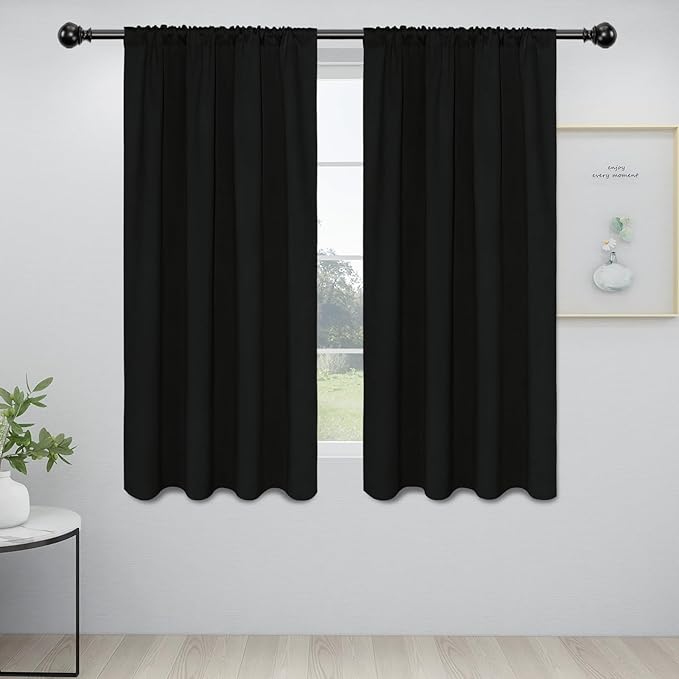 Easy-Going Rod Pocket Blackout Curtains for Bedroom, Room Darkening Window Curtains for Living Room, Thermal Insulated Noise Reduction Solid Window Drapes, 2 Panels(34x63 in, Black) by Easy-Going