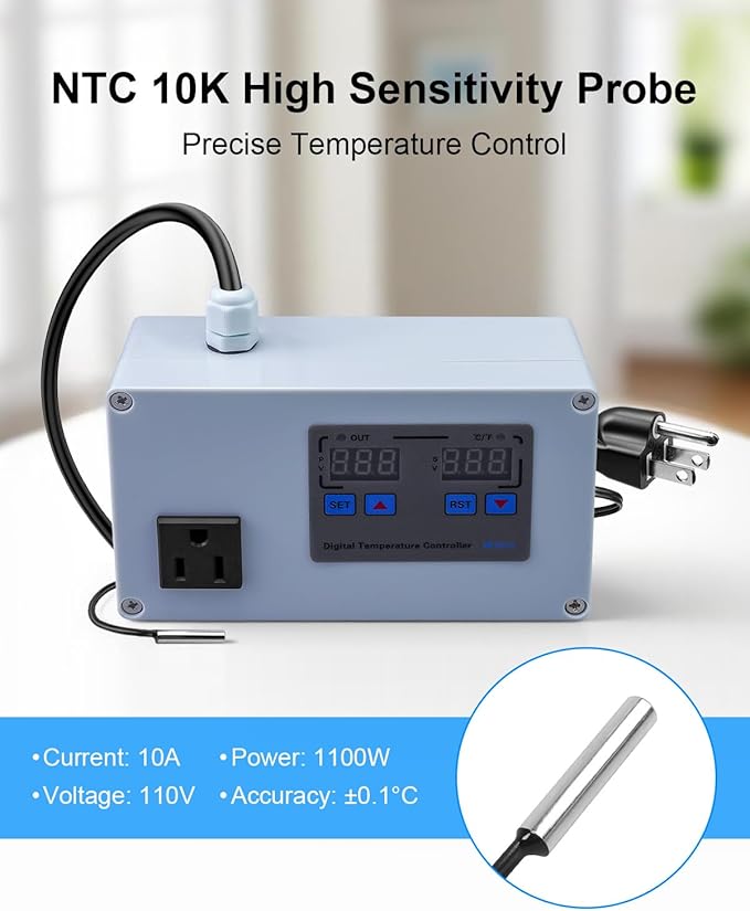 1100W Digital Temperature Controller, 110V 10A Thermostat Switch with Waterproof NTC 10K Sensor Probe, for Refrigerator Freezer Aquarium Heaters or Cooling Devices - Image 4