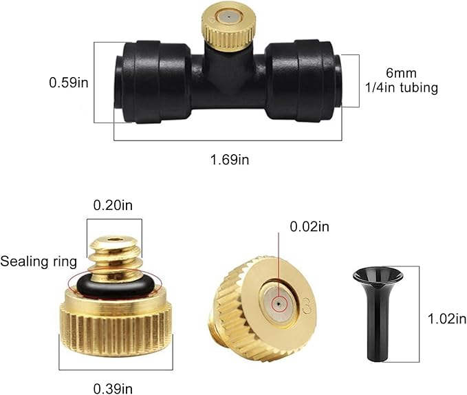 Brass & Black Misting Nozzles Kit - 20pcs Mister Nozzles & Tees with 2pcs Plugs for 1/4" Tubing and Outdoor Patio System - Image 2