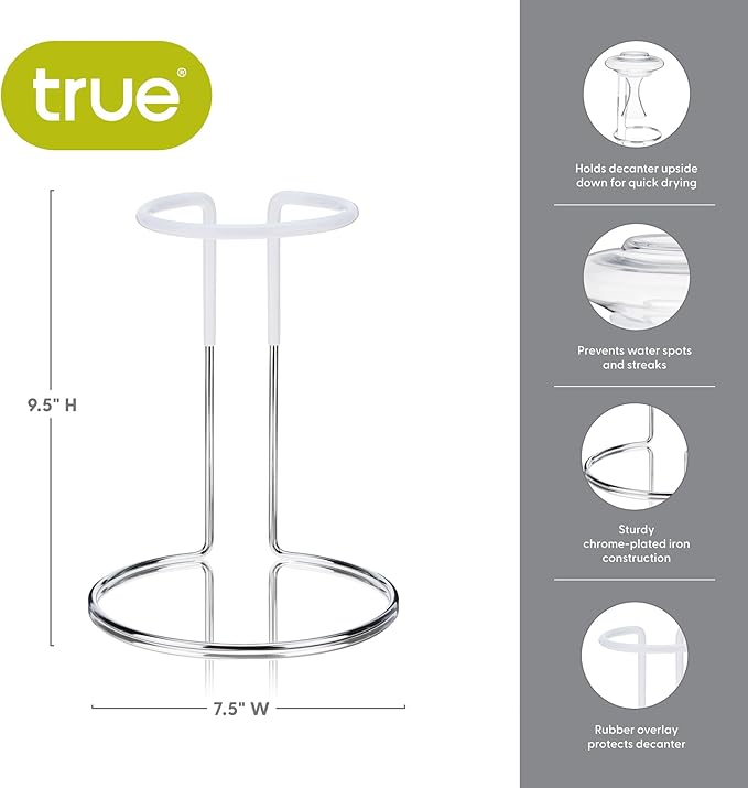 True Wine Decanter Drying Stand and Holder, Essential Accessory Glassware Rack for a Spot-Free Finish, Rubber Coating Protects Glass, Chrome Plated Iron - Image 3