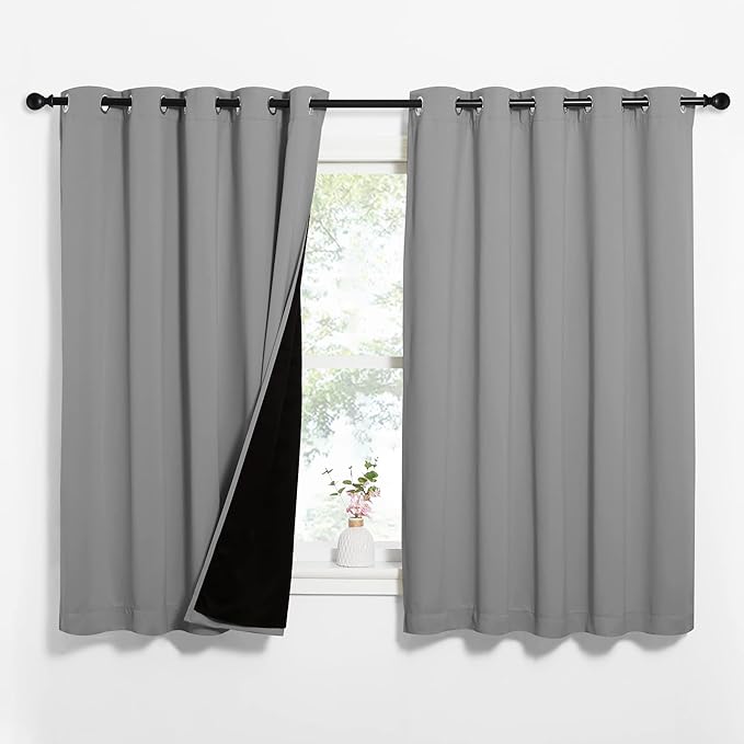 NICETOWN 100% Blackout Curtains with Black Liners, Thermal Insulated Full Blackout 2-Layer Lined Drapes, Energy Efficiency Window Draperies for Bedroom (Silver Grey, 2 Panels, 62-inch W by 63-inch L) by NICETOWN