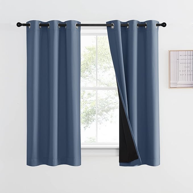 NICETOWN 100% Blackout Curtain with Black Liner, Thermal Insulated 2-Layer Lined Drape, Room Warming Small Window Drapery for Dining Room (Stone Blue, 1 Panel, 42 inches W by 54 inches L) by NICETOWN