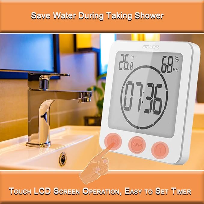 Waterproof Bathroom Wall Clock and Timer, Digital Water Resistant Hanging Timer for Shower, Large Display Kitchen Cooking Countdown Timers, Mirror Suction Clock with Temperature Humidity Meter (White) - Image 4