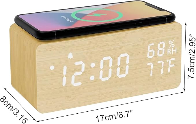 Lancoon Wooden Digital Alarm Clock with Sound Control LED Wireless Charging Temperature and Humidity Display Adjustable Brightness for Bedroom Home Office (Yellow) - Image 4