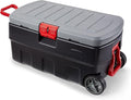 Rubbermaid ActionPacker 35 Gallon, Made in USA, Lockable Plastic Storage Bin with Lid and Wheels- Outdoor, Industrial, Rugged, Camping Gear and Truck Bed Storage - Gray and Black by Rubbermaid