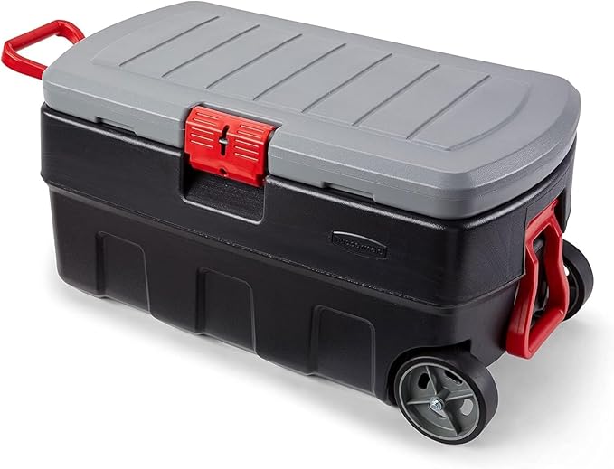 Rubbermaid ActionPacker 35 Gallon, Made in USA, Lockable Plastic Storage Bin with Lid and Wheels- Outdoor, Industrial, Rugged, Camping Gear and Truck Bed Storage - Gray and Black by Rubbermaid