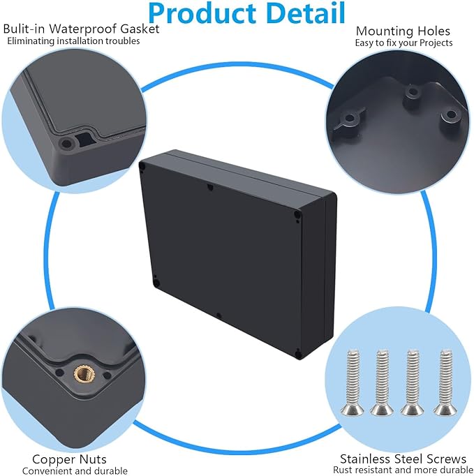 Outdoor Waterproof Junction Box IP67 Project Box ABS Black Electrical Boxes Electronic Enclsoure for DIY Project 10.4 x 7.2 x 2.4 inch (263x182x60mm) - Image 6