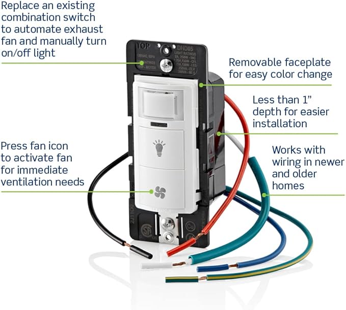 Leviton Dual Combination Humidity Sensor with Separate Light Switch, Automate Bathroom Exhaust Fan, Air Circulation, Moisture Control, Single Pole/Single Pole, ¼ HP, DHD05-1LW, White - Image 5