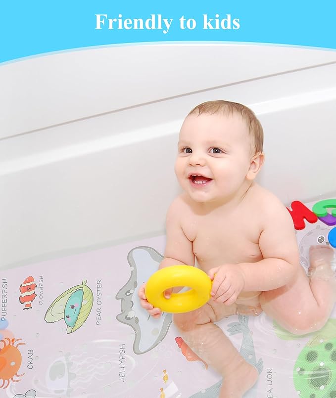 Bath Mat for Tub Non Slip, Machine Washable Anti-Slip Cartoon Baby Bathtub Shower Mat with Drain Holes and Suction Cups for Toddler & Kids, 40 Inch x 16 Inch, Pink Sea Animals - Image 2