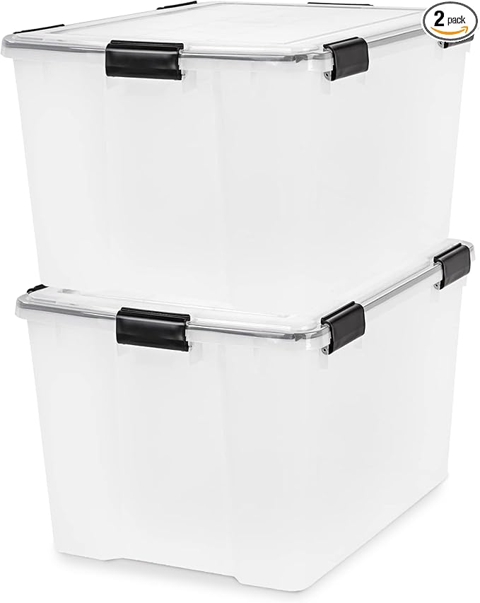 IRIS USA WeatherPro 74 Qt Storage Bins with Lids, 2 Pack, BPA-Free Plastic Gasket Box with Tight Latch and Seal, Stackable Nestable Tote Tub - Clear/Black by IRISUSA