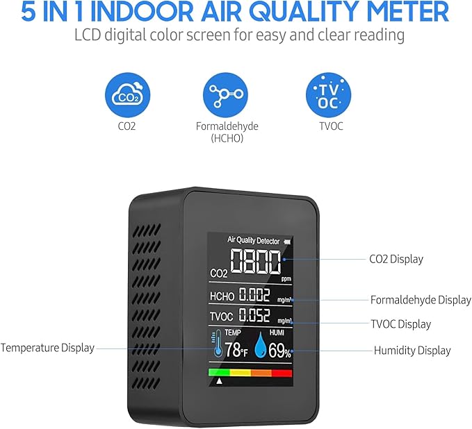 Prefessionall Indoor Air Quality Monitor, 5 in 1 Portable Smartair Quality Tester for CO2 | TVOC | HCHO | Temp | Hum for Home Cars Plants and Pets So On (Black) - Image 2