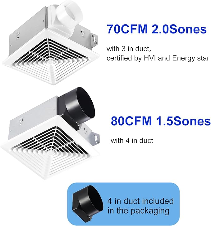 Bathroom Exhaust Fan 80 CFM,4-Inch Duct - 70CFM,3-Inch Duct outlet included,Easy to Install,Quiet Energy-Saving Household Ventilation Fan,Ceiling or Wall Mounted, Classic White Grille - Image 2
