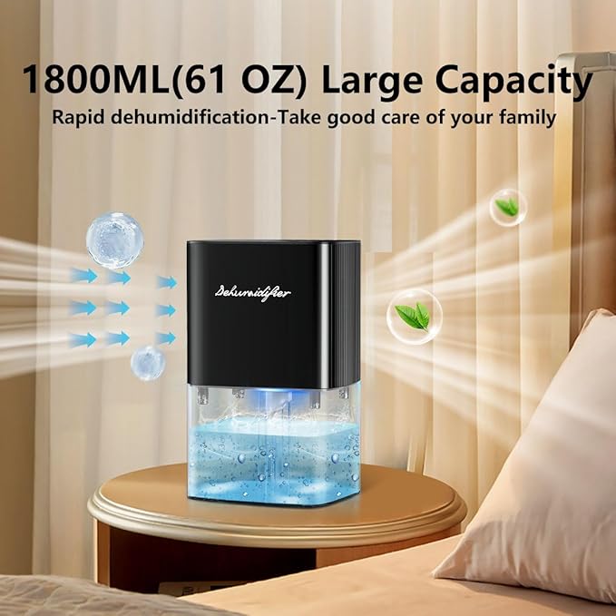 Dehumidifier 63OZ 1800ML Small Dehumidifier for Home Safety Dehumidification 5 Timers 3 Setting Modes Auto Shut Off Protection Adjustable 10 Color Lights Low Noise For Bedroom Bathroom 230 Ft² - Image 2