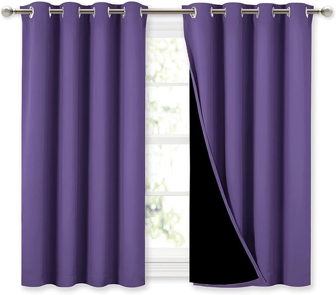 NICETOWN 100% Blackout Curtains with Black Liners, Thermal Insulated Full Blackout 2-Layer Lined Curtains, Energy Efficiency Window Draperies for Dining Room (Lilac Purple, 2 Panels, 52" W by 45" L) by NICETOWN