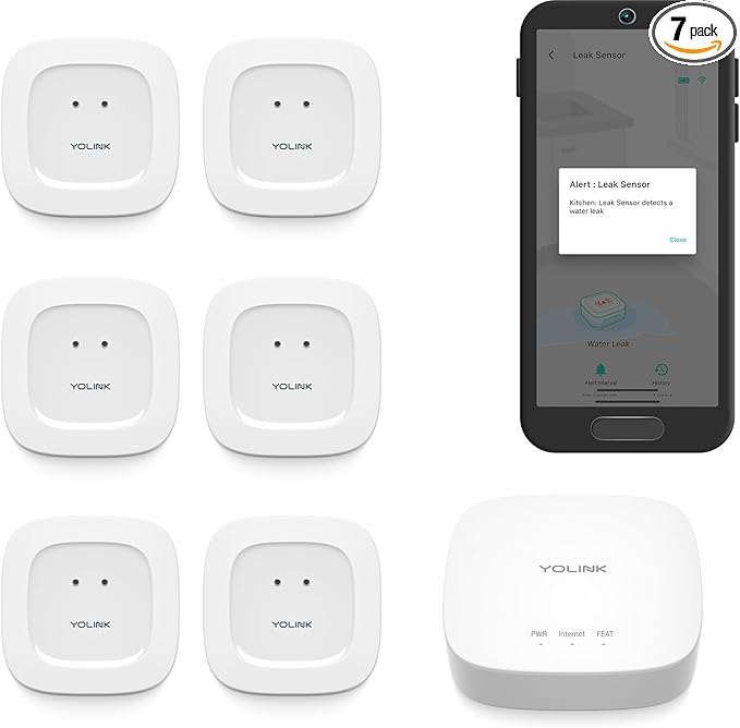 YoLink Water Leak Starter Kit: Hub + 6 Leak Sensor 1 (Silent), LoRa Long-Range, App/SMS/Email Alerts, D2D Offline Triggers, 2 AAA Up to 5-Year Battery, Compatible with Alexa/IFTTT/Home Assistant by YoLink