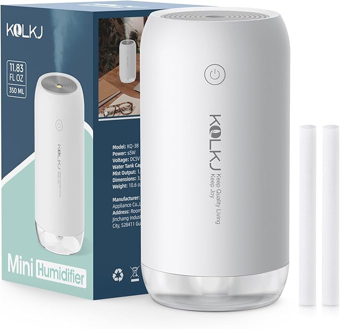 Portable Mini Humidifier, KQLKJ 350ml Small Cool Mist Humidifiers, USB Personal Desktop Humidifier for Bedroom Car Office Travel with Auto Shut-Off & 2 Mist Modes (White) - Image 2