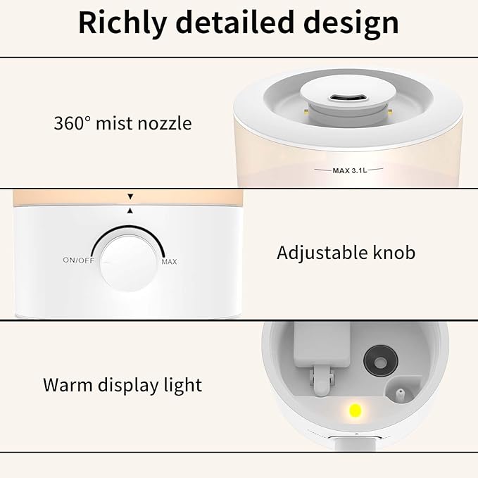 Humidifiers for Bedroom, Cool Mist Top Fill Diffuser with 25Watt for Home Large Room, 360° Nozzle, Rapid Ultrasonic Humidification for Baby Nursery and Plant(3.1L) - Image 2