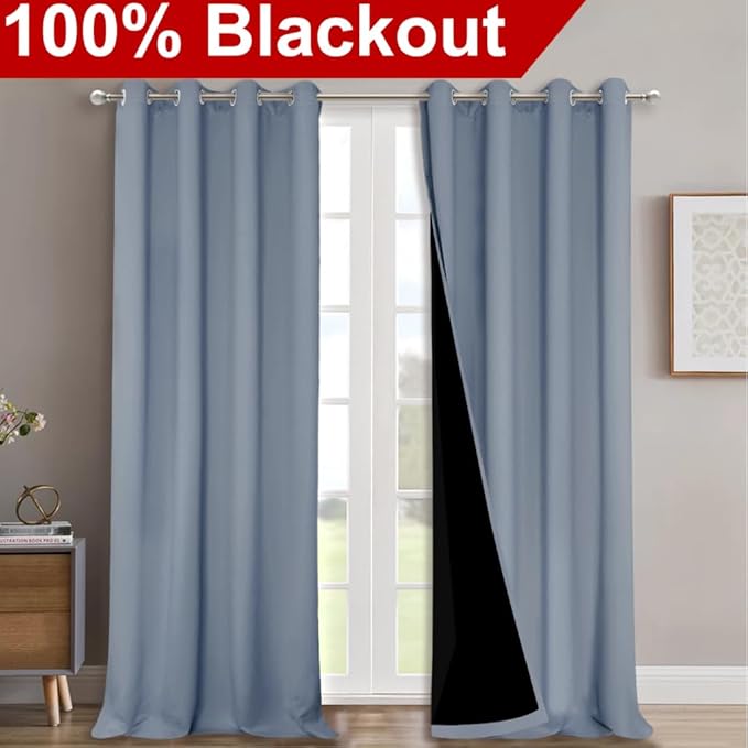 NICETOWN 100% Blackout Curtains for Windows, Pack of 2, Vintage Blue, 52" W x 102" L, Super Heavy-Duty Black Lined Total Darkness Drapes for Bedroom, Privacy Assured Window Treatment for Patio - Image 2