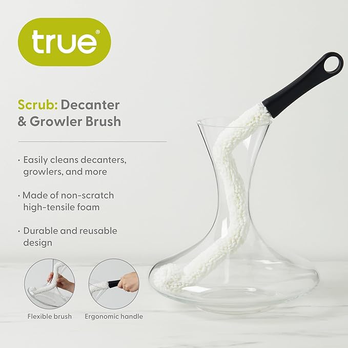 True Decanter and Growler Brush Multipurpose Glassware Cleaner, No-Scratch High-Tensile Foam Reusable Cleaning Accessory with Ergonomic Handle, White - Image 2