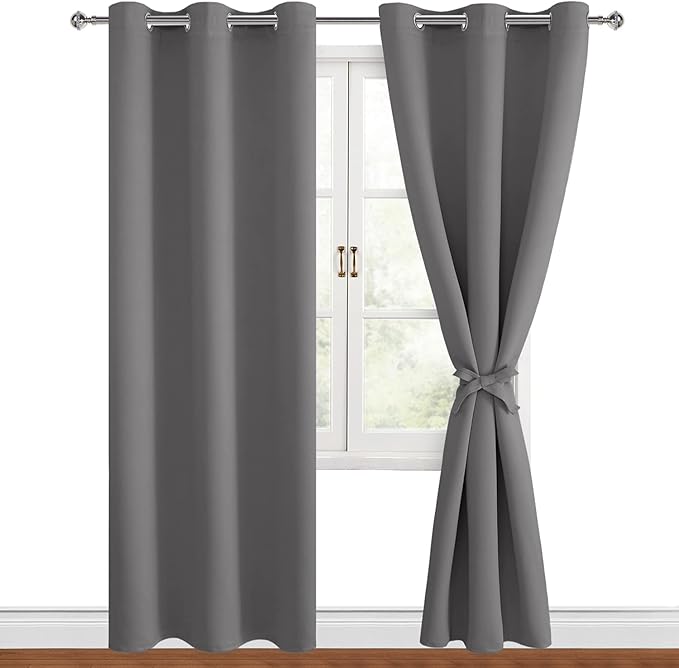 Hiasan Blackout Curtains for Bedroom, 38 x 84 Inches Long - Thermal Insulated & Light Blocking Window Curtains for Living Room, 2 Drape Panels Sewn with Tiebacks, Light Grey by Hiasan