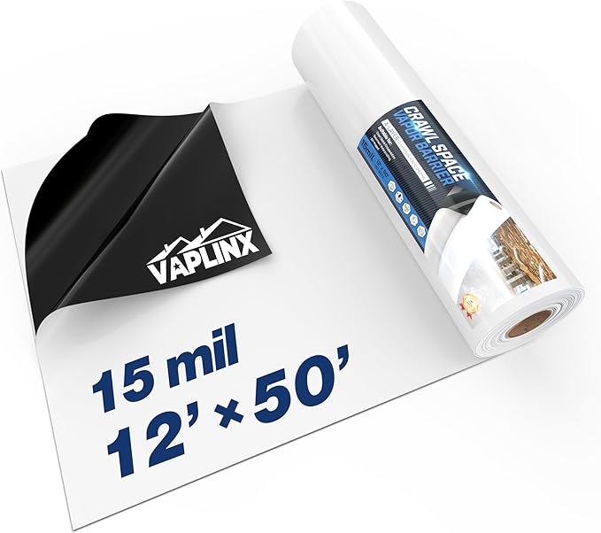 Crawl Space Vapor Barrier - 15 Mil Vapor Barrier - (12' x 50'), Tear Resistant, Heavy Duty Vapor Barrier Plastic, Drop Cloth Moisture Barrier Plastic Sheeting Covering for Crawlspace Encapsulation by VAPLINX