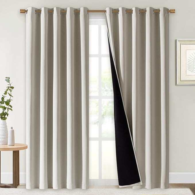 NICETOWN 100% Blackout Window Curtain Panels, Cold and Full Light Blocking Drapes with Black Liner for Nursery, 84" Drop Thermal Insulated Draperies (Natural, 2 Pieces, 70" Wide Each Panel) by NICETOWN