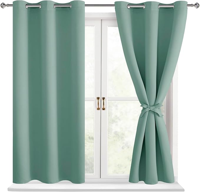 Hiasan Short Blackout Curtains for Bedroom - Thermal Insulated & Light Blocking Window Curtains for Living Room, 2 Drape Panels Sewn with Tiebacks, Sage Green, 42 x 45 Inch by Hiasan