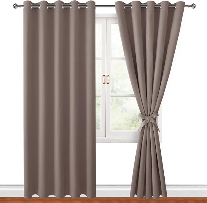 Hiasan Blackout Curtains for Bedroom, 60 x 84 Inches Long - Thermal Insulated & Light Blocking Window Curtains for Living Room/Kids Room, 2 Drape Panels Sewn with Tiebacks, Tan by Hiasan
