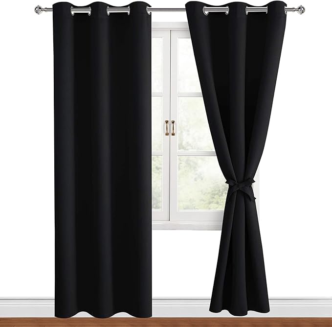 Hiasan Blackout Curtains for Bedroom, 42 x 84 Inches Long - Thermal Insulated & Light Blocking Window Curtains for Living Room, 2 Drape Panels Sewn with Tiebacks, Black by Hiasan
