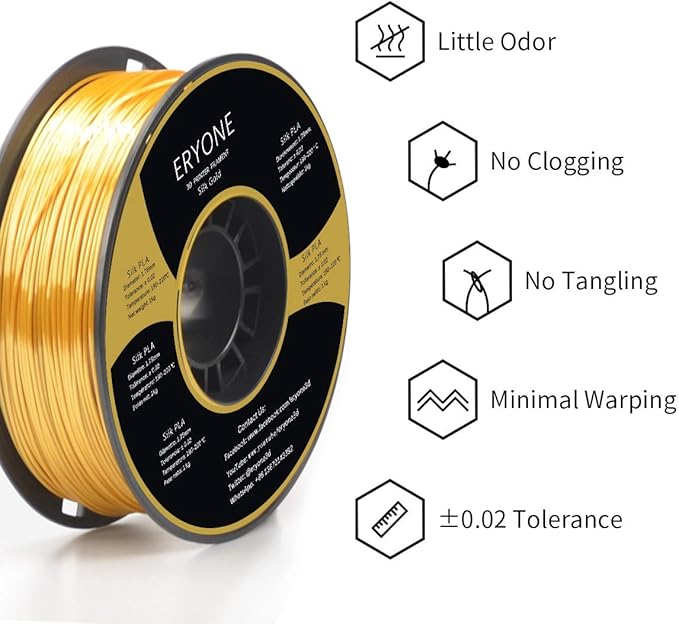 ERYONE Silk PLA Filament for 3D Printer, 1.75mm +/- 0.03mm, 1kg (2.1LBS)/Spool, Silk Glod - Image 3