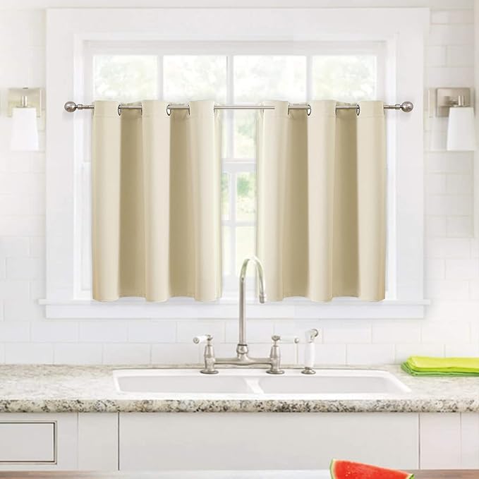 ChrisDowa Small Window Curtains for Kitchen and Bedroom - Grommet Short Thermal Insulated Room Darkening Curtains (2 Panels, Beige, 52 x 36 Inch) - Image 2
