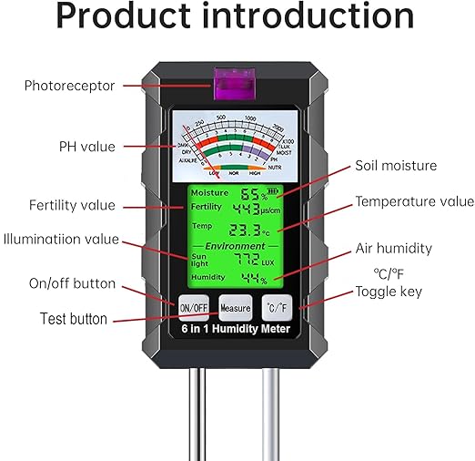 6-in-1 Soil Moisture Meter, Hygrometer for Plants with Soil Moisture, PH Meter, Temperature, Sunlight, Fertility, Environmental for Farming, Gardening (2*AAA Battery Needed) - Image 8