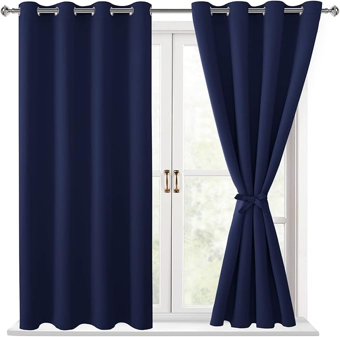 Hiasan Blackout Curtains for Bedroom - Thermal Insulated & Light Blocking Window Curtains for Living Room/Kids Room, 2 Drape Panels Sewn with Tiebacks, Navy Blue, 52 x 45 Inch by Hiasan