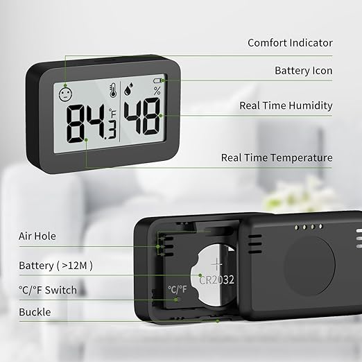 DOOMAY Mini Hygrometer Indoor Thermometer, Digital Humidity Gauge with Celsius Fahrenheit Switch Button,Humidity Meter Temperature Monitor for Babyroom Cellar Reptile Incubator Closet,2-Pack,Black - Image 7