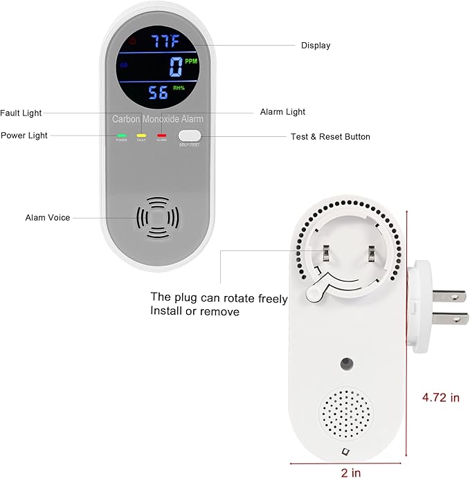 2 Packs Carbon Monoxide Detectors, Plug in Carbon Monoxide Alarm, 3-in-1 Real-time Digital Display Fahrenheit(°F) & Humidity, Co Detector Monitor for Home,RV,Apartment - Image 2