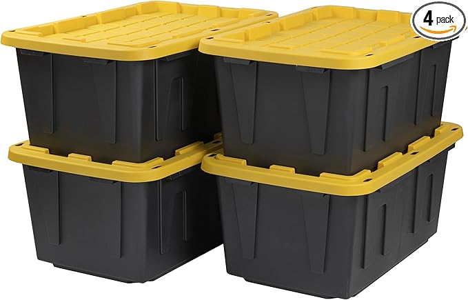 CX Black & Yellow 27-Gallon Heavy Duty Storage Bins with Lids, Stackable Plastic Storage Bins with Weather-Resistant Design, Home Organization, 4 Pack (14.3"H x 20.6"W x 30.6"D) by BLACKYELLOW