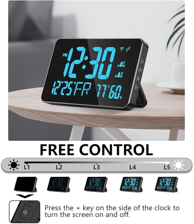 Walfront Tuya WiFi Digital Alarm Clock Desktop Clock Calendar Intelligent Thermometer Hygrometer with Clear LED Display for Bedroom, Bedside (Blue) - Image 6