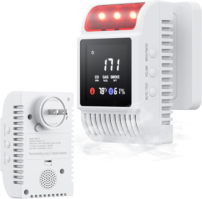 6 in 1 Carbon Monoxide Detectors & Smoke Detector, Natural Gas & Carbon Monoxide Detector Plug in with Battery Backup, Fire & Smoke Alarm with Adjustable Sound Light Alarm Functions for Home/RV by Unknown