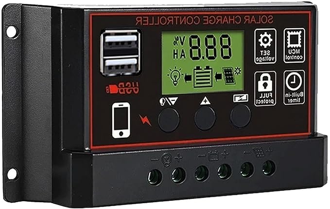 Solar Charge Controller, Solar Panel Charge Controller Intelligent Regulator with Dual USB Port 12V/24V, Auto Paremeter Adjustable LCD Display PWM（Black, 30A） - Image 6