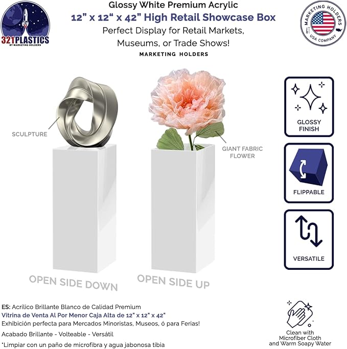 Acrylic Display Riser Box White Tall Acrylic Cube Pedestal Art Sculpture 12" x 12" x 42" No Lid One Piece Box Throne Pillar Stand Hollow Flower Tower for Weddings by Marketing Holders - Image 2