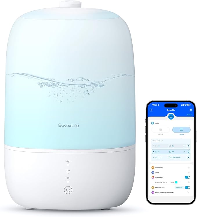 GoveeLife Smart Humidifiers for Bedroom, 3L Top Fill Cool Mist Humidifiers with Essential Oil Diffuser, Humidity Control, WiFi Air Humidifier with Night Light, for Baby, Plants, Home, Work with Alexa by GoveeLife