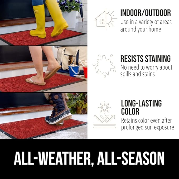 GORILLA GRIP 100% Waterproof All-Season WeatherMax Doormat 35x23, US Designed Natural Rubber, Stain and Fade Resistant, Low Profile Indoor Outdoor Door Mats, Easy Clean Patio Mat, Red Vintage Wine - Image 3