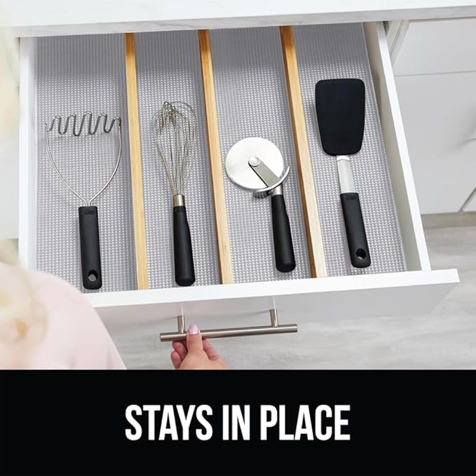 GORILLA GRIP powerGRIP Drawer Shelf and Cabinet Liner, Thick Strong Hold, Non-Adhesive Liners Protect Kitchen Cabinets and Cupboard, Bathroom Drawers, Easy Install, Breathable Mat, 12" x10' Light Gray - Image 9
