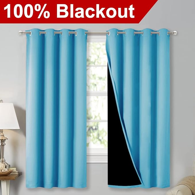 NICETOWN Extra Long Truly Blackout Drapes for Hall and Villa, 46-inch Width Each Panel, 45-inch Length, Teal Blue, 2 Pieces, 100% Blackout Window Curtain Panels with Black Lined for Night Shift Worker - Image 2